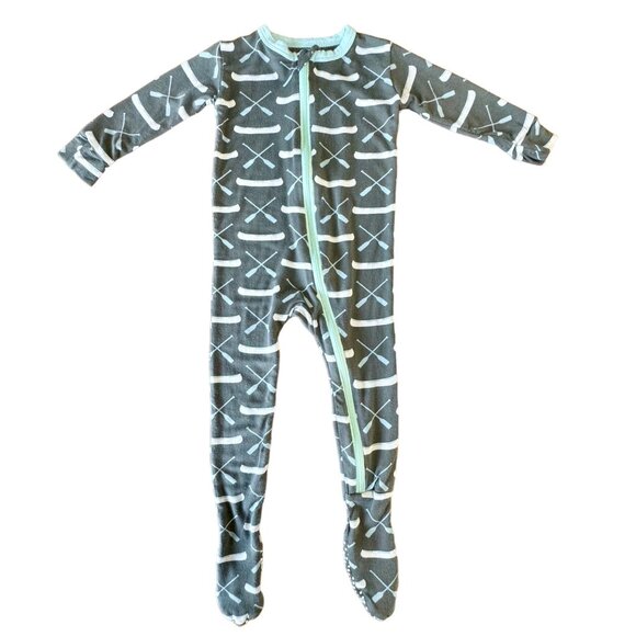 KICKEE PANTS Boys Zip Footie Romper 9-12 Mos Bamboo Gray Stone Paddles + Canoe - Picture 1 of 8